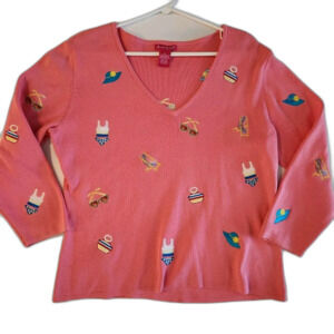 Alexander Bartlett Pink Deep V Neck Knit Ribbed Beach Embroidered Sweater XL